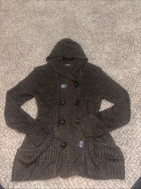 Y2K Hooded Double-Breasted Knit Cardigan Sweater - Dark Brown